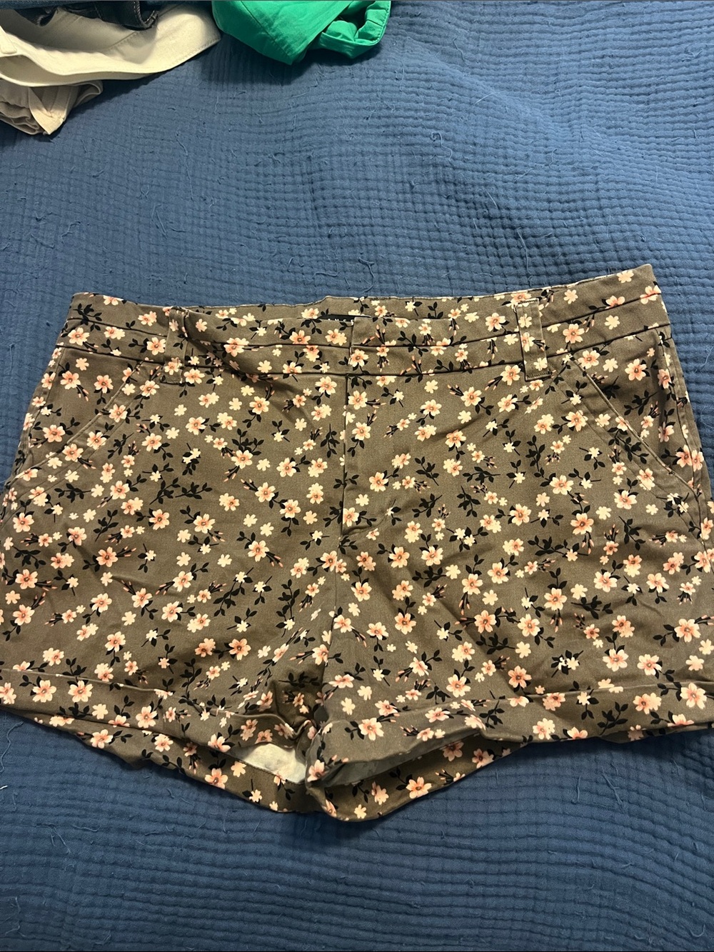 Tinsel Olive Floral Print Shorts with Pink Blossoms